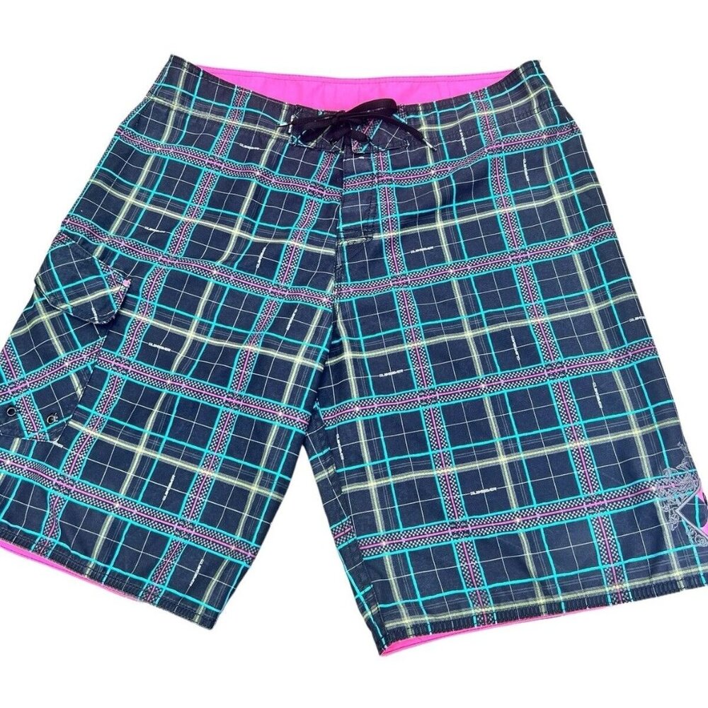VTG Quicksilver Board Shorts Sz 36 Swim Trunks Neon Plaid Y2K 80’s 90’s Pink